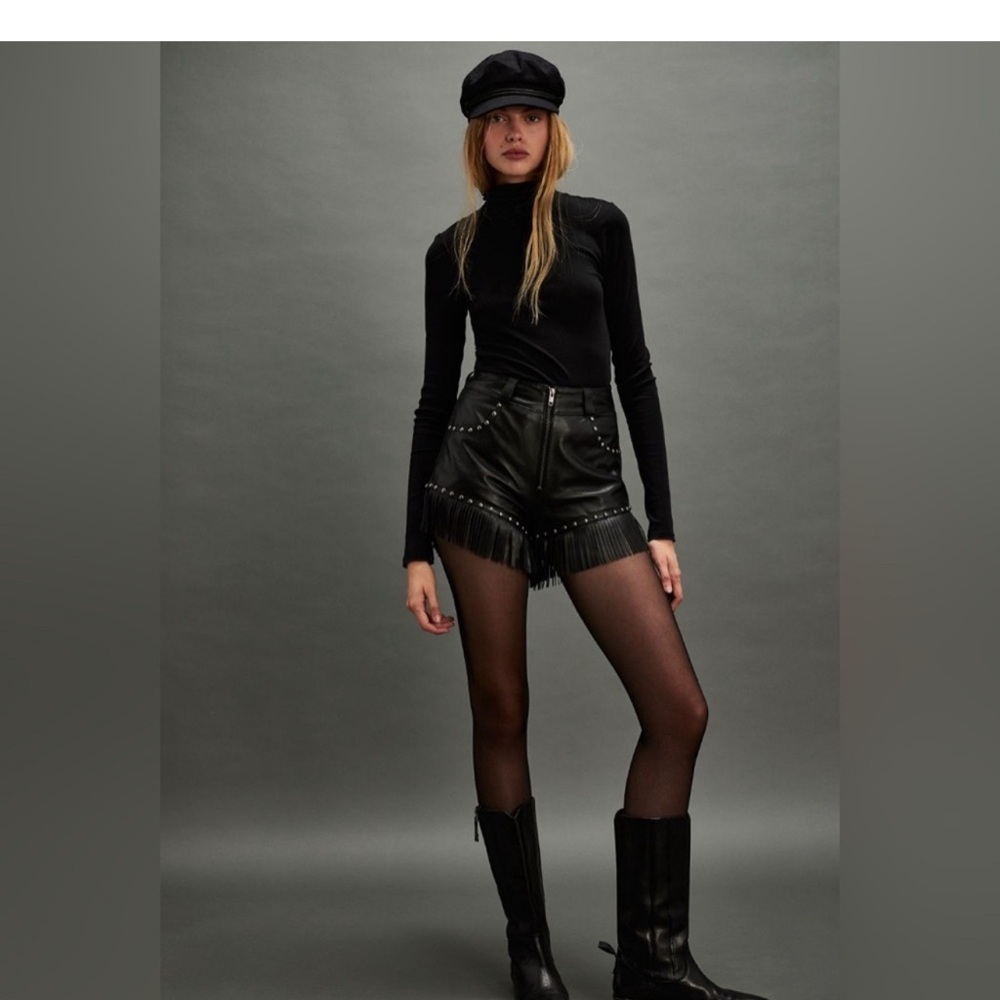 Black High Waist Studded Fringe Shorts - Picture 3 of 5
